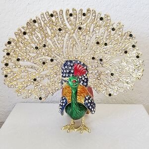 🦚 Peacock 🦚 Heavy Metal Multi-Color Jeweled Figurine Jewelry Holder 233 grams!
